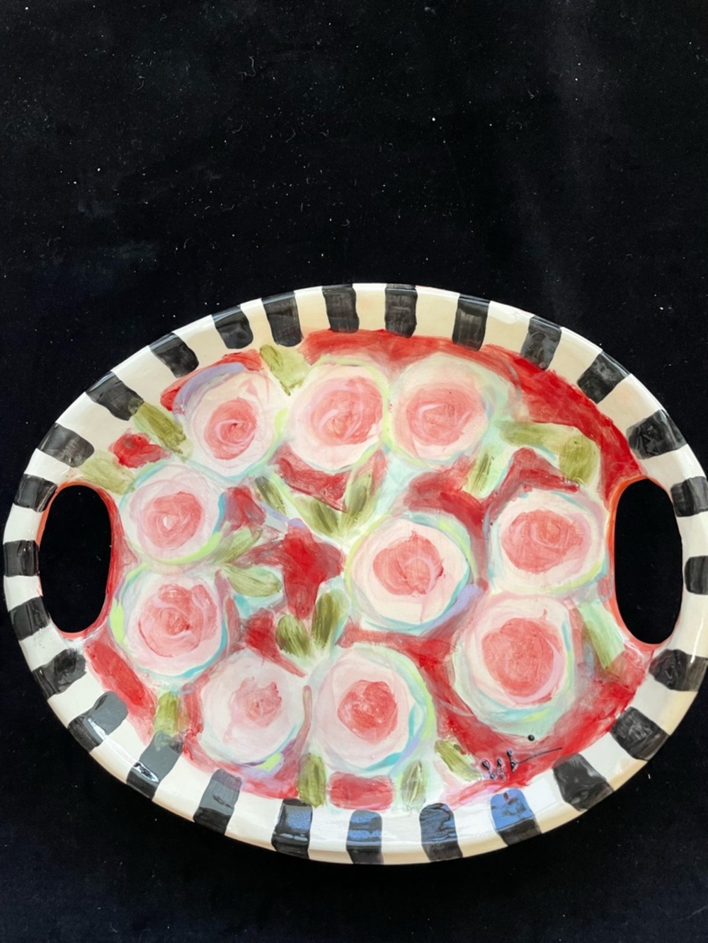 Handmade Ceramic Serving Tray w/ Handles Pink Roses Design 11”x9.5”